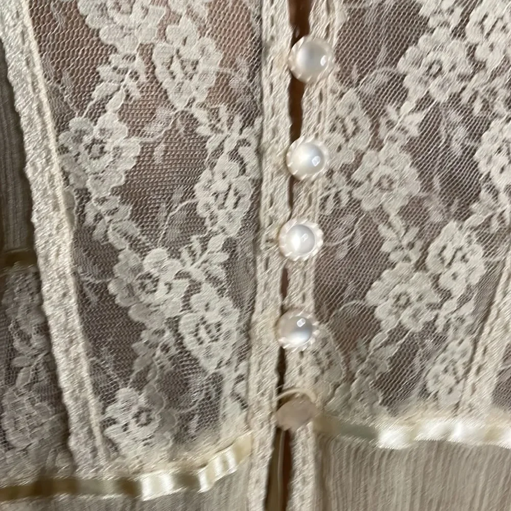 Free People Cream Lace Trim Button-Front Blouse